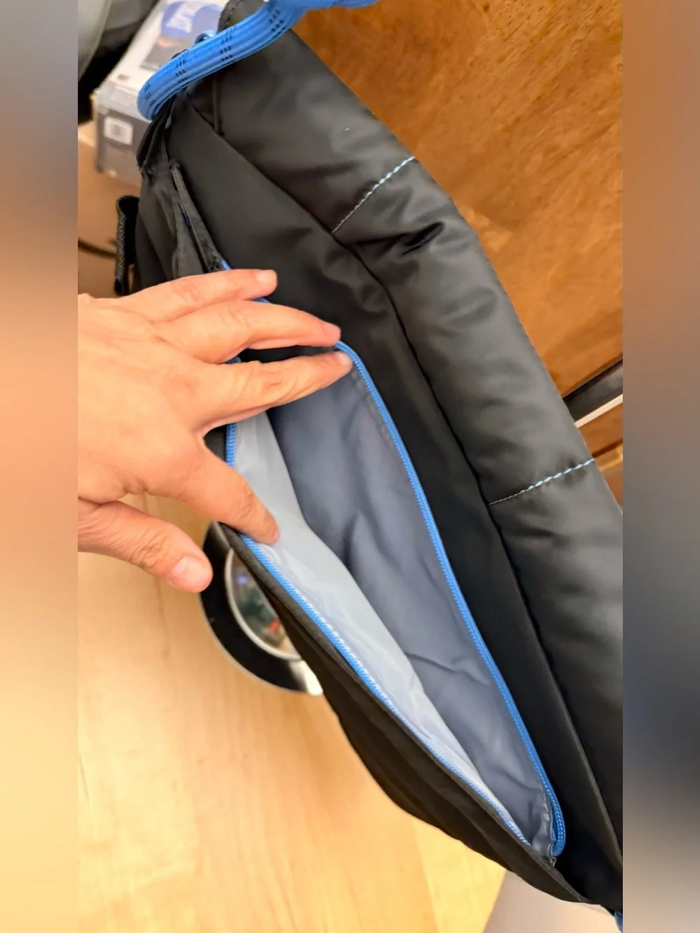 Black Messenger Bag for tablet or laptop with blue rope style shoulder strap